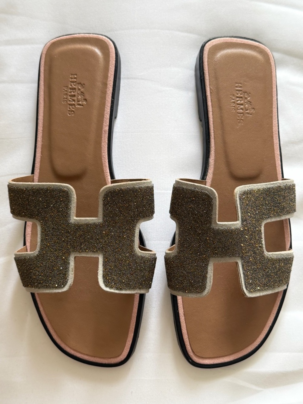 Hermes Gold Glitter Oran Sandals with Tan Footbed